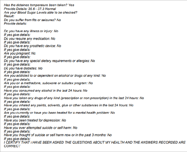 Figure 6: Extract of a custody report – questions asked at admission to a watch-house